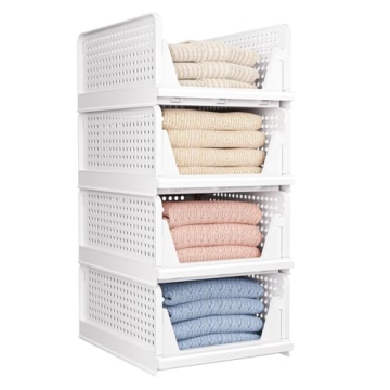 4 Pack Folding Closet Organizers Storage Box - Stackable Bins for Efficient Space Saving