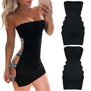 Bowanadacles Sexy Tube Dress Rhinestone Hollow Mini Dress
