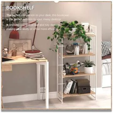 4NM No-Assembly 4 Tiers Folding Bookshelf Storage Shelves Vintage Bookcase Standing Racks Study Organizer Home Office - Natural and White