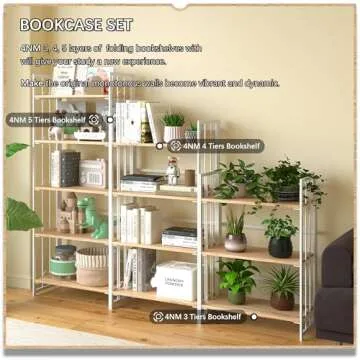4NM No-Assembly 4 Tiers Folding Bookshelf Storage Shelves Vintage Bookcase Standing Racks Study Organizer Home Office - Natural and White