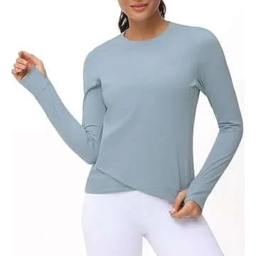 Women's Long Sleeve Compression Shirts Workout Tops Cross Hem Athletic Running Yoga T-Shirts with Thumb Hole Denim Blue