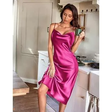 Ekouaer Women's Satin Nightgown Plus Size Sleepwear Silk Chemise Nightshirt Slip Satin Dresses Rose Red