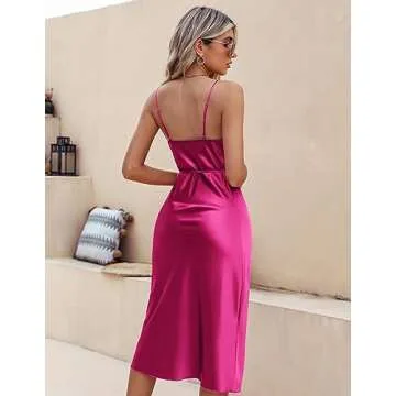 Ekouaer Women's Satin Nightgown Plus Size Sleepwear Silk Chemise Nightshirt Slip Satin Dresses Rose Red