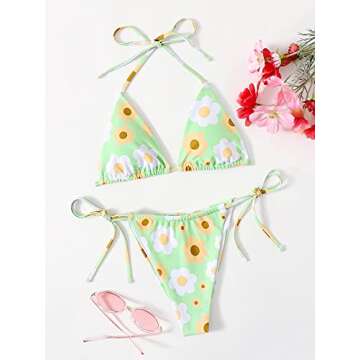 Stylish Floral Print Triangle Halter Bikini Swimsuit