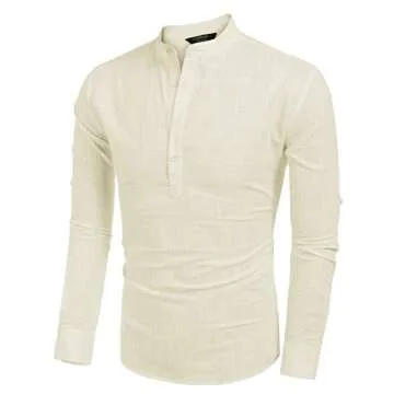 COOFANDY Men's Cotton Linen Henley T-Shirts Long Sleeve Hippie Casual Beach T-Shirts Beige