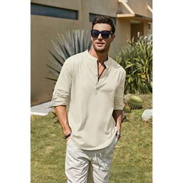COOFANDY Men's Cotton Linen Henley T-Shirts Long Sleeve Hippie Casual Beach T-Shirts Beige