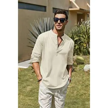 COOFANDY Men's Cotton Linen Henley T-Shirts Long Sleeve Hippie Casual Beach T-Shirts Beige