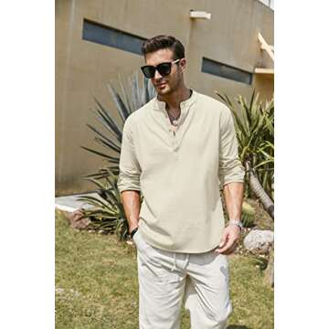 COOFANDY Men's Cotton Linen Henley T-Shirts Long Sleeve Hippie Casual Beach T-Shirts Beige