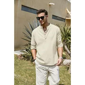 COOFANDY Men's Cotton Linen Henley T-Shirts Long Sleeve Hippie Casual Beach T-Shirts Beige