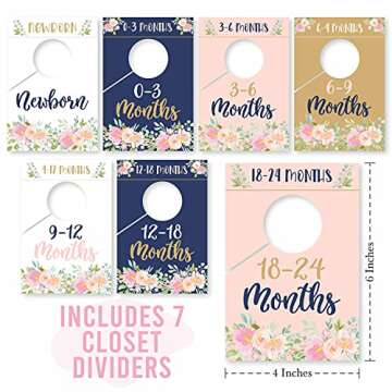 7 Navy Pink Gold Baby Nursery Closet Organizer Dividers For Girl Clothing, Floral Flower Age Size Ha...