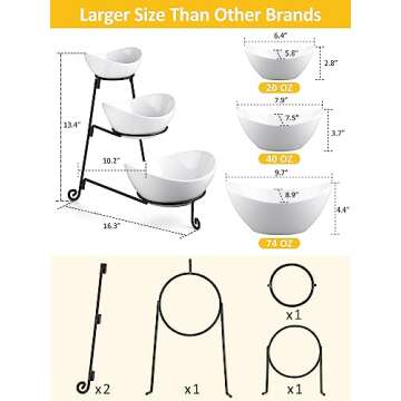 Yedio 3 Tier Ceramic Serving Bowls Set with Collapsible Stand, Large Capacities for Parties
