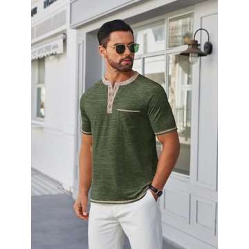 COOFANDY Mens T Shirts Basic Retro Pullover Shirt Lightweight 4 Button T-Shirts Summer Beach Tshirts Shirts Fashion Collarless Shirts Army Green
