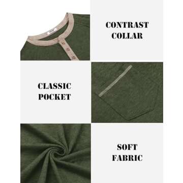 COOFANDY Mens T Shirts Basic Retro Pullover Shirt Lightweight 4 Button T-Shirts Summer Beach Tshirts Shirts Fashion Collarless Shirts Army Green