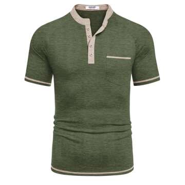 COOFANDY Mens T Shirts Basic Retro Pullover Shirt Lightweight 4 Button T-Shirts Summer Beach Tshirts Shirts Fashion Collarless Shirts Army Green