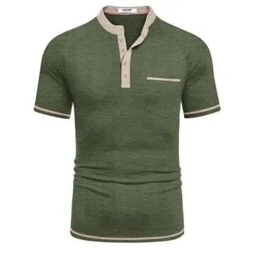 COOFANDY Mens T Shirts Basic Retro Pullover Shirt Lightweight 4 Button T-Shirts Summer Beach Tshirts Shirts Fashion Collarless Shirts Army Green