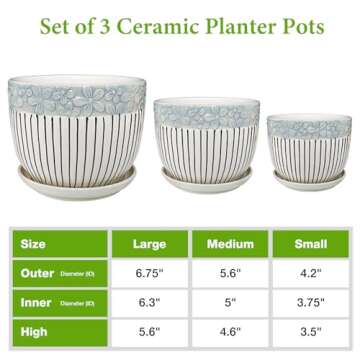 Hlukana Ceramic Plant Pots Set of 3, 6.75/5.6/4.2 inch Planters with Drainage Holes and Saucer, Flow...