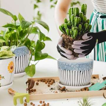 Hlukana Ceramic Plant Pots Set of 3, 6.75/5.6/4.2 inch Planters with Drainage Holes and Saucer, Flower Pots Outdoor Indoor, Modern Decorative Planters for House Plants Garden Planters Succulent Pots