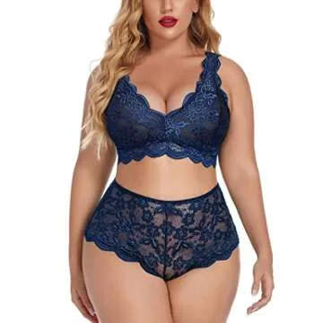 Avidlove Women Plus Size Lingerie Set Sexy Lace Bralette High Waist Panty Set Navy Blue