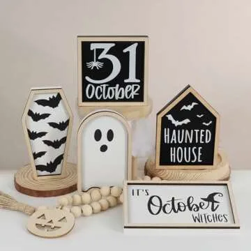 DAZONGE Halloween Decor | 6 Wooden Signs & Bead Garland