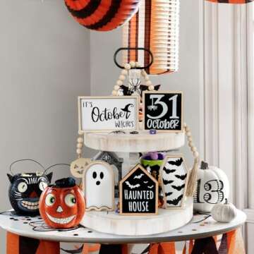 DAZONGE Halloween Decorations | 6PCS Halloween Tiered Tray Decor | Bat Coffin, Haunted House, Ghost, Witches, October 31 Sign, Bead Garland | Halloween Decor | Halloween Centerpiece for Table Shelf