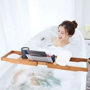 SUNFICON Bamboo Bathtub Caddy Tray - Fit All Tubs, Durable & Stylish