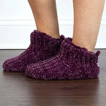 Dearfoams Women's Chenille Bootie Slipper, Aubergine, Large