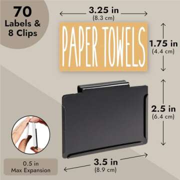 Talented Kitchen 8 Pack Metal Basket Labels Clip On Holders with 70 Household Labels for Storage Bins, Bin Clips Label Tags for Organizing Home, Bathroom, Linen Closet (Black)