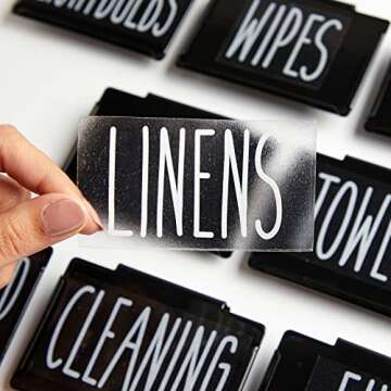 Talented Kitchen 8 Pack Metal Basket Labels Clip On Holders with 70 Household Labels for Storage Bins, Bin Clips Label Tags for Organizing Home, Bathroom, Linen Closet (Black)