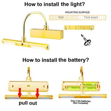 BIGLIGHT Wireless Battery Operated LED Picture Light with Remote, Rotatable Light Heads of 3 Lighting Modes, Dimmable Display Lamp with Timer for Painting Photo Portrait Art, 8.8", Gold