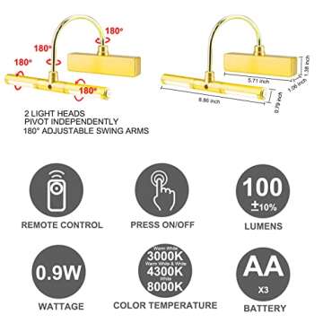 BIGLIGHT Wireless Battery Operated LED Picture Light with Remote, Rotatable Light Heads of 3 Lighting Modes, Dimmable Display Lamp with Timer for Painting Photo Portrait Art, 8.8", Gold