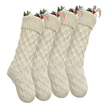 Vanteriam Pack 4 Christmas Stockings, 18'' Unique Ivory White Knit Christmas Stockings for Xmas Deco...