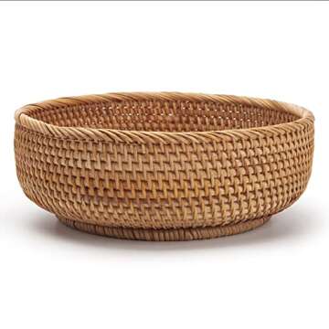 Round Rattan Fruit Baskets Woven Storage Bowls Key Holder Stackable for Shelf Kitchen Tabletop Natural Set of 3