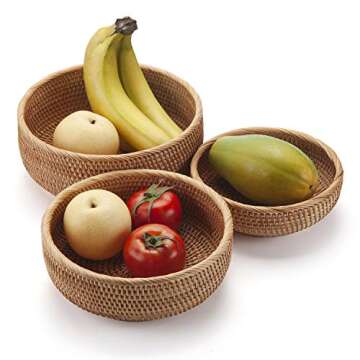 Round Rattan Fruit Baskets Woven Storage Bowls Key Holder Stackable for Shelf Kitchen Tabletop Natural Set of 3