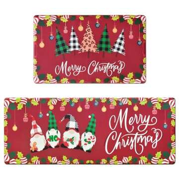 PRESENCE Christmas Kitchen Rugs Mats - 2Pcs Xmas Gnome Christmas Kitchen Rugs and Mats Non Skid Washable Set of 2 Red Christmas Decorations Indoor(17"x29"&17"x47")