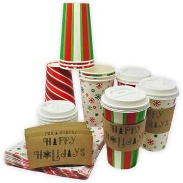 4E's Novelty Christmas Paper Cups Disposable 16 oz with Lids - 12 Pack Holiday Coffee Cups, Sleeves ...