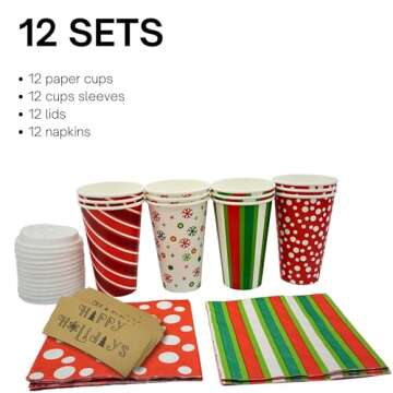 4E's Novelty Christmas Paper Cups Disposable 16 oz with Lids - 12 Pack Holiday Coffee Cups, Sleeves & Napkins for Hot Cocoa Bar, Christmas Cups with Lids for Party Supplies, Hot Cocoa Cups with Lids