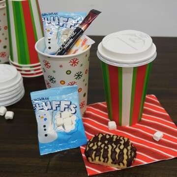 4E's Novelty Christmas Paper Cups Disposable 16 oz with Lids - 12 Pack Holiday Coffee Cups, Sleeves & Napkins for Hot Cocoa Bar, Christmas Cups with Lids for Party Supplies, Hot Cocoa Cups with Lids