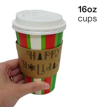 4E's Novelty Christmas Paper Cups Disposable 16 oz with Lids - 12 Pack Holiday Coffee Cups, Sleeves & Napkins for Hot Cocoa Bar, Christmas Cups with Lids for Party Supplies, Hot Cocoa Cups with Lids