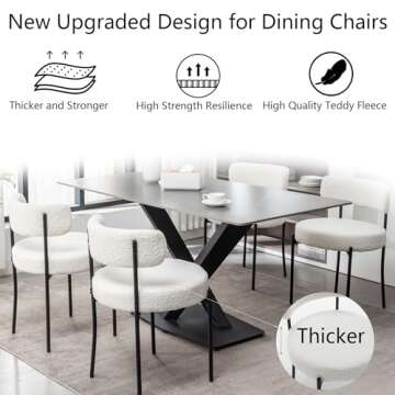 Cinxzar White Boucle Dining Chairs Set of 6, Upholstered Dining Room Chairs with Black Metal Legs, Round Modern Dining Chair for Dining Room, Kitchen