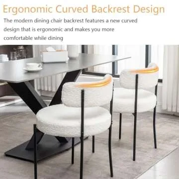 Cinxzar White Boucle Dining Chairs Set of 6, Upholstered Dining Room Chairs with Black Metal Legs, Round Modern Dining Chair for Dining Room, Kitchen