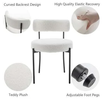 Cinxzar White Boucle Dining Chairs Set of 6, Upholstered Dining Room Chairs with Black Metal Legs, Round Modern Dining Chair for Dining Room, Kitchen