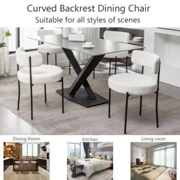 Cinxzar White Boucle Dining Chairs Set of 6, Upholstered Dining Room Chairs with Black Metal Legs, Round Modern Dining Chair for Dining Room, Kitchen