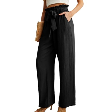 IWOLLENCE Women's Wide Leg Pants - High Waist Adjustable Knot Casual Trousers with Pockets, Stylish ...