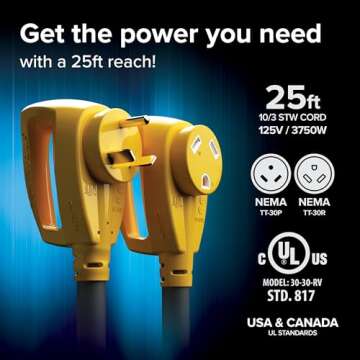 Camco Power Grip 25-Ft 30 Amp Camper/RV Extension Cord - Rated for 125V /3,750W - Features Heavy Duty 10-Gauge Copper Wire for Superior Conductivity & Coated w/Heat-Resilient PVC (55191)