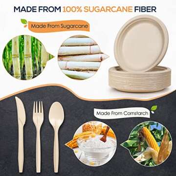 Gezond 250Pcs Disposable Paper Plates Set, Compostable Plate Sugarcane Utensils Eco Friendly Dinnerw...