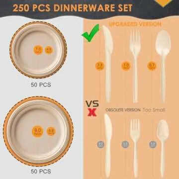 Gezond 250Pcs Disposable Paper Plates Set, Compostable Plate Sugarcane Utensils Eco Friendly Dinnerware Kit Includes 50 Biodegradable Plates, Forks, Knives and Spoons for Brithday Party Camping