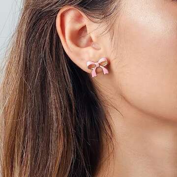 SELENICHAST Gold/Silver Bow Earrings for Women，14K Gold Plated Stud Earrings Dainty Cute Bow Earri...