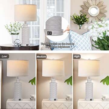 PARTPHONER Touch Control Table Lamp Set of 2, Rustic Farmhouse Bedside Lamps with 2 USB Charging Por...