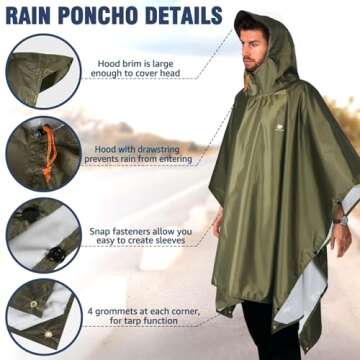 ANYOO Waterproof Hooded Rain Poncho for Adults