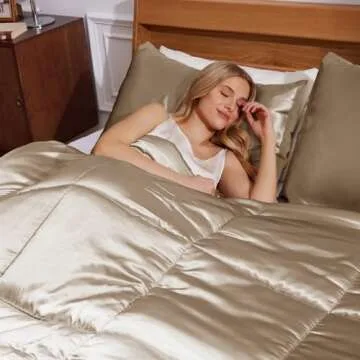 Whale Flotilla 3-Piece Reversible Silky Soft Queen Comforter Bedding Set, Luxurious Satin Comforters Full Size with 2 Satin Pillowcases, Lightweight Duvet for All Seasons, Champagne